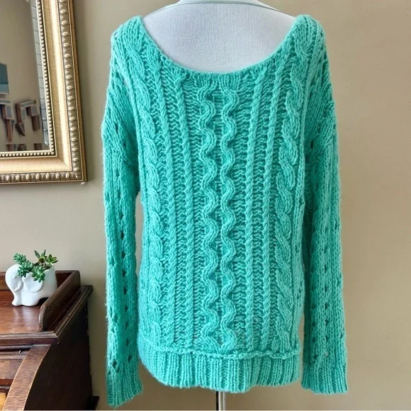 Free People Y2K Green Open Chunky Wool Mohair Blend Cable Knit Sweater Size M - Picture 8 of 16